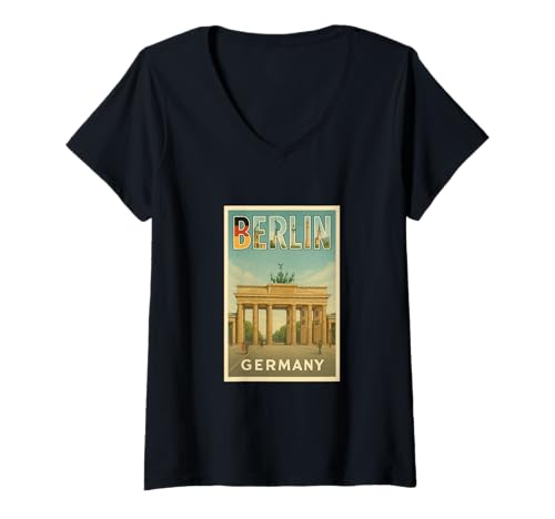 Damen Berlin Deutschland Vintage Reise Souvenir Poster Kunst Grafik T-Shirt mit V-Ausschnitt von The Lederhosen Legends Tees Apparel and Design