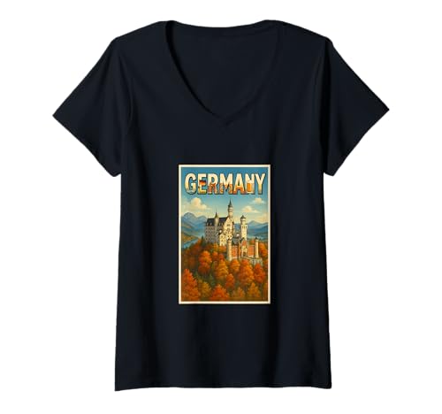 Damen Deutschland Romantisches Vintage Reise Souvenir Schloss Kunst Grafik T-Shirt mit V-Ausschnitt von The Lederhosen Legends Tees Apparel and Design