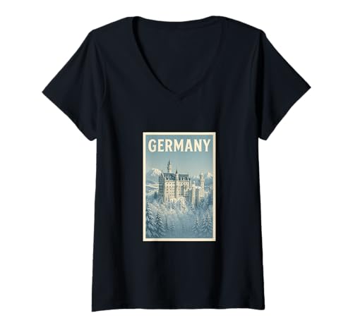 Damen Deutschland Winter Vintage Reise Souvenir Schloss Kunst Grafik T-Shirt mit V-Ausschnitt Damen Deutschland Winter Vintage Reise Souvenir Schloss Kunst Grafik T-Shirt mit V-Ausschnitt von The Lederhosen Legends Tees Apparel and Design