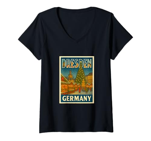 Damen Dresden Deutschland Vintage Reise Souvenir Poster Kunst Grafik T-Shirt mit V-Ausschnitt von The Lederhosen Legends Tees Apparel and Design