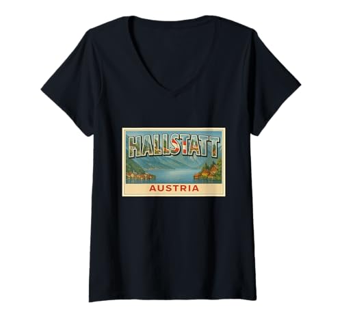 Damen Hallstatt Österreich Vintage Reise Souvenir Poster Kunst Grafik T-Shirt mit V-Ausschnitt Damen Hallstatt Österreich Vintage Reise Souvenir Poster Kunst Grafik T-Shirt mit V-Ausschnitt von The Lederhosen Legends Tees Apparel and Design