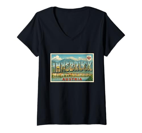 Damen Innsbruck Österreich Vintage Reise Souvenir Poster Kunst Grafik T-Shirt mit V-Ausschnitt von The Lederhosen Legends Tees Apparel and Design