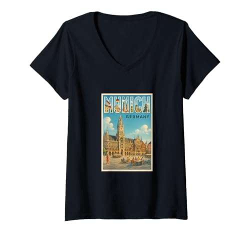 Damen München Deutschland Vintage Reise Souvenir Poster Kunst Grafik T-Shirt mit V-Ausschnitt von The Lederhosen Legends Tees Apparel and Design