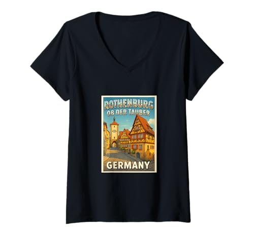 Damen Rothenburg ob der Tauber Deutschland Vintage Reise Kunst Grafik T-Shirt mit V-Ausschnitt von The Lederhosen Legends Tees Apparel and Design