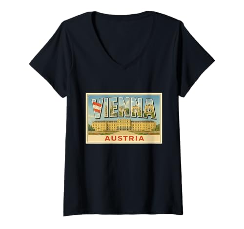 Damen Wien Österreich Vintage Reise Souvenir Poster Kunst Grafik T-Shirt mit V-Ausschnitt von The Lederhosen Legends Tees Apparel and Design