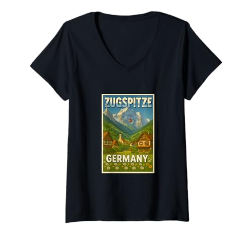 Damen Zugspitze Deutschland Vintage Reise Souvenir Poster Kunst Grafik T-Shirt mit V-Ausschnitt Damen Zugspitze Deutschland Vintage Reise Souvenir Poster Kunst Grafik T-Shirt mit V-Ausschnitt von The Lederhosen Legends Tees Apparel and Design