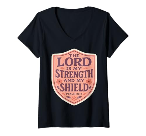 Damen Der Herr ist Meine Stärke und Mein Schild Christliche Bibelblüte T-Shirt mit V-Ausschnitt Damen Der Herr ist Meine Stärke und Mein Schild Christliche Bibelblüte T-Shirt mit V-Ausschnitt von The Lord Is My Strength And My Shield Floral Merch