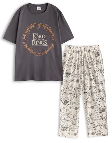 The Lord Of The Rings Herren-Nachtwäsche-Set in Grau | Kurzärmeliges Grafik-T-Shirt mit Themen-Rundhalsausschnitt und Hose mit Kartendruck | Fantasy-Kleidung mit elastischem Bund von The Lord Of The Rings