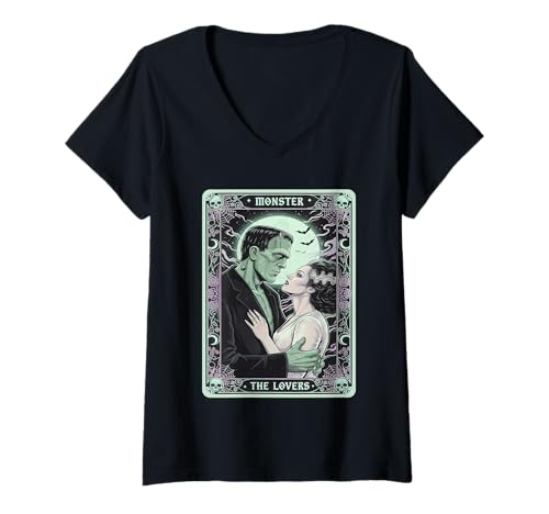 Damen The Monster Frankenstein and Bride The Lovers Tarotkarte T-Shirt mit V-Ausschnitt Damen The Monster Frankenstein and Bride The Lovers Tarotkarte T-Shirt mit V-Ausschnitt von The Lovers Tarot Card Spooky Halloween Gifts