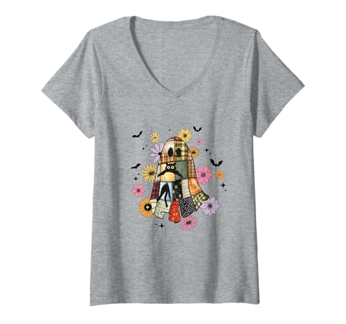 Damen Halloween-Patchwork-Geist im Vintage T-Shirt mit V-Ausschnitt von The Modish Bunker - Patchwork Spooky Threads