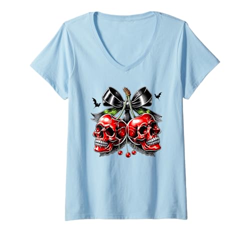 Damen Vintage Halloween Gruselige Kirschschleife T-Shirt mit V-Ausschnitt Damen Vintage Halloween Gruselige Kirschschleife T-Shirt mit V-Ausschnitt von The Modish Bunker - Patchwork Spooky Threads