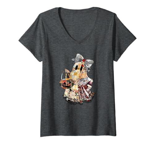 Damen Vintage Halloween Gruseliges Patchwork Lady Ghost T-Shirt mit V-Ausschnitt von The Modish Bunker - Patchwork Spooky Threads