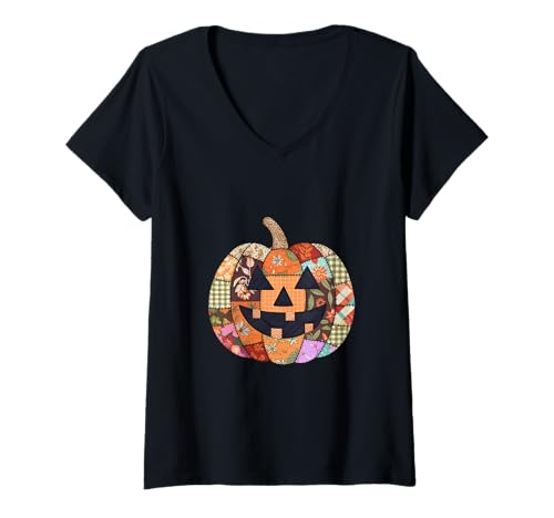 Damen Vintage Halloween Herbst Patchwork Kürbis T-Shirt mit V-Ausschnitt von The Modish Bunker - Patchwork Spooky Threads