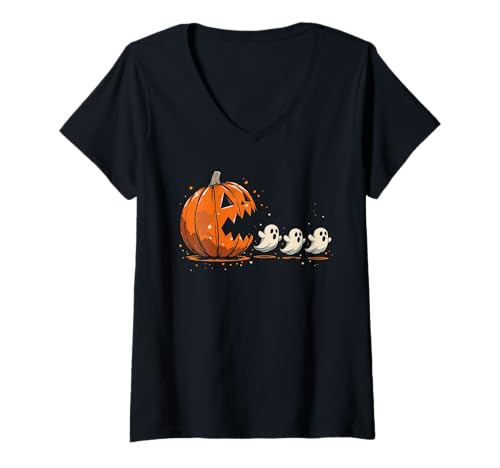 Damen Vintage Halloween Kürbis Essen Geist T-Shirt mit V-Ausschnitt von The Modish Bunker - Patchwork Spooky Threads
