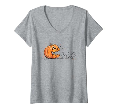 Damen Vintage Halloween Kürbis Essen Geist T-Shirt mit V-Ausschnitt von The Modish Bunker - Patchwork Spooky Threads