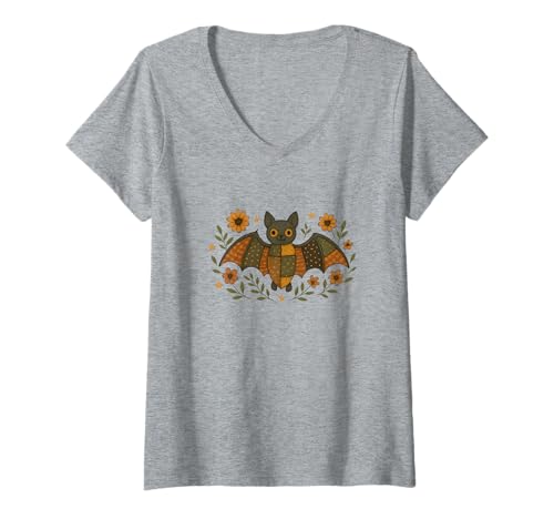 Damen Vintage Halloween Patchwork Fledermaus und Blumen T-Shirt mit V-Ausschnitt Damen Vintage Halloween Patchwork Fledermaus und Blumen T-Shirt mit V-Ausschnitt von The Modish Bunker - Patchwork Spooky Threads