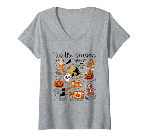 Damen Vintage Halloween Patchwork Herbst Doodles 'Tis The Season T-Shirt mit V-Ausschnitt von The Modish Bunker - Patchwork Spooky Threads