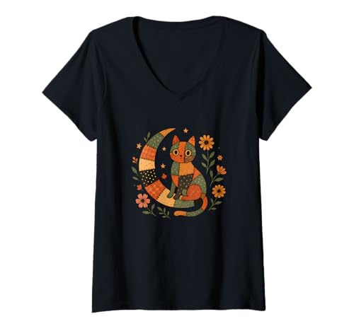 Damen Vintage Halloween Patchwork Katze Herbst T-Shirt mit V-Ausschnitt von The Modish Bunker - Patchwork Spooky Threads