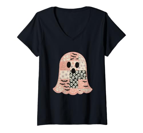 Damen Vintage Halloween Pink Patchwork Geisterbild T-Shirt mit V-Ausschnitt von The Modish Bunker - Patchwork Spooky Threads