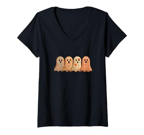 Damen Vintage Herbst Halloween Patchwork 4 lustige Geister Bild T-Shirt mit V-Ausschnitt von The Modish Bunker - Patchwork Spooky Threads