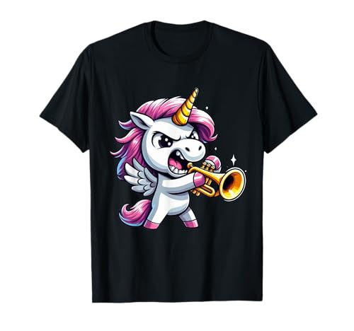 Einhorn spielt Trompete Familie Männer Frauen Mädchen Kinder Trompeter T-Shirt von The Mysterious Unicorn Trumpet Player Shop