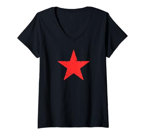 Damen Retro Red Star Distressed Revolution Vintage Retro T-Shirt mit V-Ausschnitt von The Nebula - Vintage Star Designs