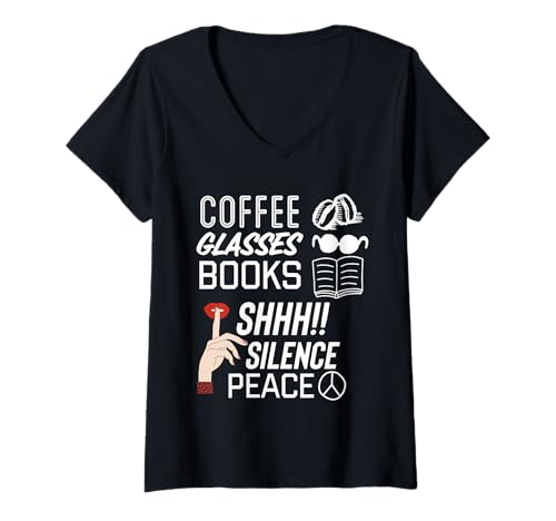 Damen Kaffee & Lesen, Stille oder Frieden, Lesebuch Geschenke T-Shirt mit V-Ausschnitt Damen Kaffee & Lesen, Stille oder Frieden, Lesebuch Geschenke T-Shirt mit V-Ausschnitt von The Obnoxious Librarian Inc