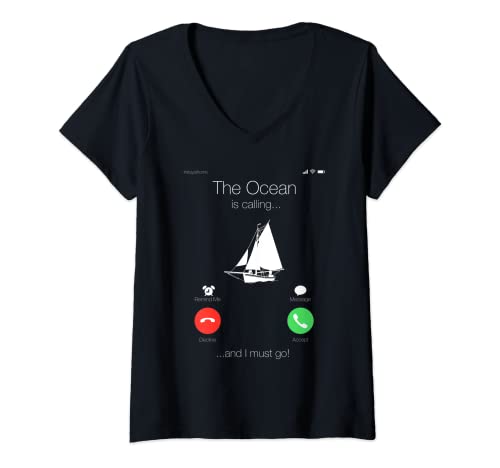 Damen The Ocean Is Calling And I Must Go T-Shirt mit V-Ausschnitt von The Ocean Is Calling And I Must Go