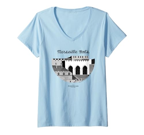 Damen The Phoenician Scheme Marseille Bob’s T-Shirt mit V-Ausschnitt Damen The Phoenician Scheme Marseille Bob’s T-Shirt mit V-Ausschnitt von The Phoenician Scheme
