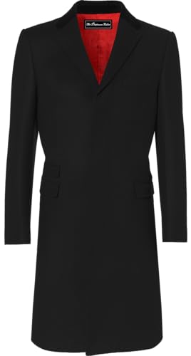 The Platinum Tailor Herren Schwarz Mantel Wolle & Kaschmir Covert Wintermantel mit Samtkragen & rot Satin Futter von The Platinum Tailor