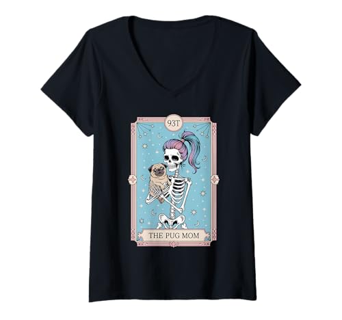 Damen Funny Skeleton Halloween Pug Mom Tarot Card Witchy Vibes T-Shirt mit V-Ausschnitt Damen Funny Skeleton Halloween Pug Mom Tarot Card Witchy Vibes T-Shirt mit V-Ausschnitt von The Pug Mom Tarot Card Skeleton Halloween