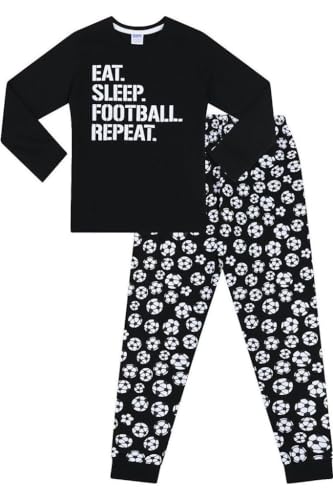 Jungen Schlafanzug "Eat Sleep Football Repeat", lang, Baumwolle, Weiß, Schwarz , 134 von ThePyjamaFactory