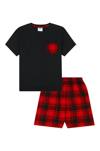 ThePyjamaFactory Jungen Schwarz-Rot Kurzen Karierter Baumwolle Schlafanzug Satz PJs für Kinder (13-14 Jahre) von ThePyjamaFactory