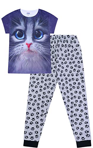 Mädchen-Schlafanzug, Motiv: schwarze Katze, 3D, blaue Augen, lang, Pfotenabdruck, 9 bis 16 Jahre Gr. 11-12 Jahre, Schwarz von The Pyjama Factory