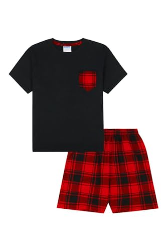 Jungen Schlafanzug Schwarz Rot Kariert Kurz Pyjama Set Kinder Baumwolle Pyjama, Schwarz , 134 von The Pyjama Factory