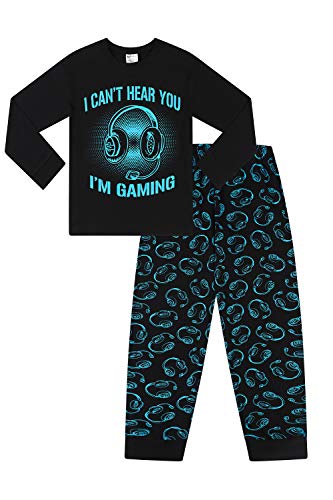 Can't Hear You I'm Gaming Schlafanzug aus Baumwolle, lang, Schwarz / Blau Gr. 13 Jahre, Schwarz von The PyjamaFactory