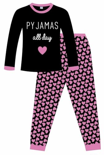 Cooler Schlafanzug Ganztägiger Schlafanzug Herz Rosa Schwarz Mädchen Baumwolle Pyjama Gr. 13-14 Jahre, Schwarz von The PyjamaFactory