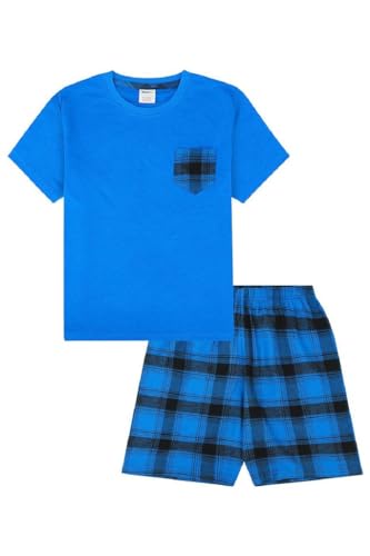 Jungen Blau Gewebter Scheck Baumwolle kurz Schlafanzug (164 (Herstellergröße M)) von The PyjamaFactory