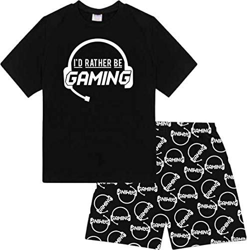 Jungen-Pyjama mit Aufschrift „Cool I'd Rather Be Gaming“ , Pyjama mit kurzer Hose, Baumwolle, Schwarz Gr. 11-12 Jahre, Schwarz von The PyjamaFactory