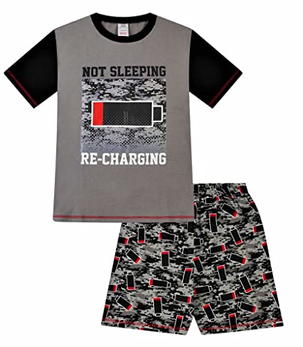 Jungen-Schlafanzug „Not Sleeping Just Rechargeing“, Grau / Rot Gr. 164, grau von The PyjamaFactory