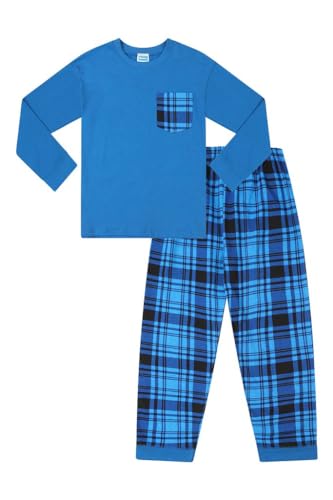 Kinder Jungen Schlafanzug Einfarbig Langarm Top & Gewebte Blau Tartan Karo Hose Gr. 15-16 Jahre, blau von The PyjamaFactory