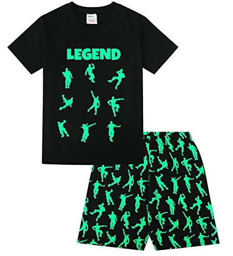 Kurzer Jungen-Pyjama aus schwarz-grüner Baumwolle, Emote-Legende, Gaming, Tanzen Gr. 9-10 Jahre, Schwarz von The PyjamaFactory