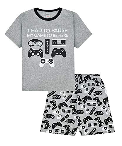 Kurzer Pyjama, Aufdruck: „I Had to Pause My Game to Be Here“, Motiv: Gaming-Controller, Grau Gr. 11-12 Jahre, grau von The PyjamaFactory