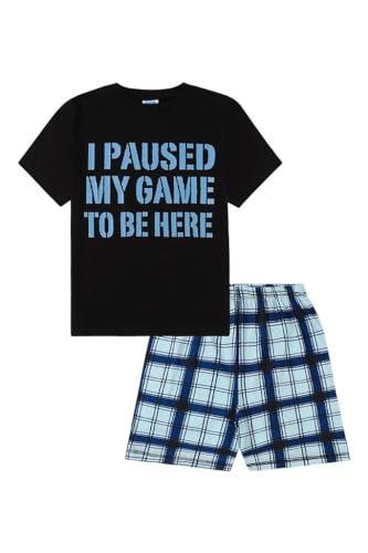 Kurzer Schlafanzug mit Aufschrift "I Paused My Game to Be Here", Grau / Schwarz Gr. 146, Schwarz von The PyjamaFactory