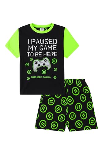 Schlafanzug mit Aufschrift "I Paused My Game to Be Here" Gaming, Schwarz / Grün, kurzer Schlafanzug (13–14 Jahre), Schwarz , 13 Jahre von ThePyjamaFactory