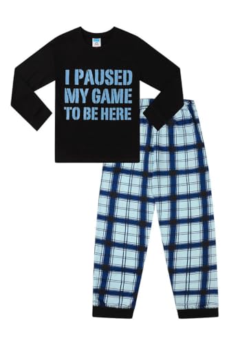 Langer Schlafanzug mit Aufschrift "I Paused My Game to Be Here", Grau / Schwarz Gr. 146, Schwarz von The PyjamaFactory