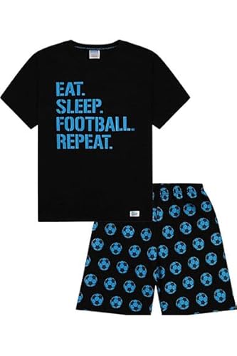 The PyjamaFactory Jungen Schlafanzug Eat Sleep Football Repeat kurz Baumwolle Blau Unisex Gr. 13 - 14 Jahre, Schwarz von The PyjamaFactory