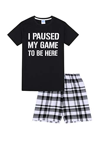 Jungen Schlafanzug mit Aufschrift "I Paused My Game to Be Here", gewebt, Gaming, kurzer Schlafanzug, Schwarz , 11-12 Years von ThePyjamaFactory