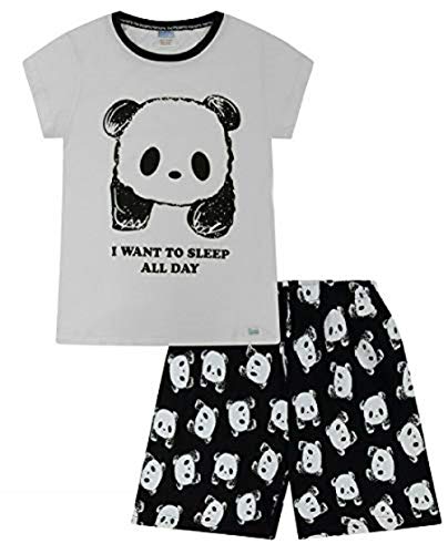 The PyjamaFactory Pyjama für Mädchen, mit Aufschrift "I Want to Sleep All Day", Panda, Schwarz und Weiß, 7–16 Jahre, weiß, 13-14 Jahre von The PyjamaFactory