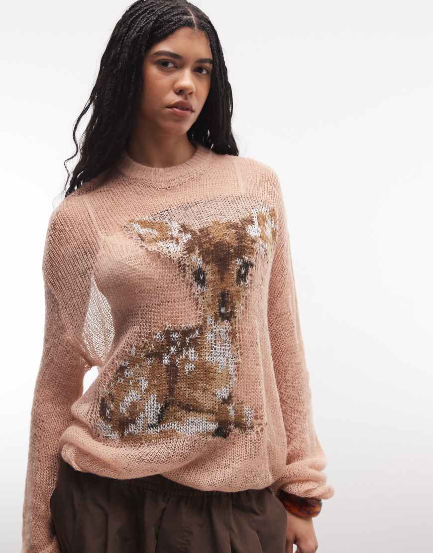 The Ragged Priest - Oversize-Pullover aus weitmaschigem Strick in Rosa mit Hirsch-Grafik von The Ragged Priest